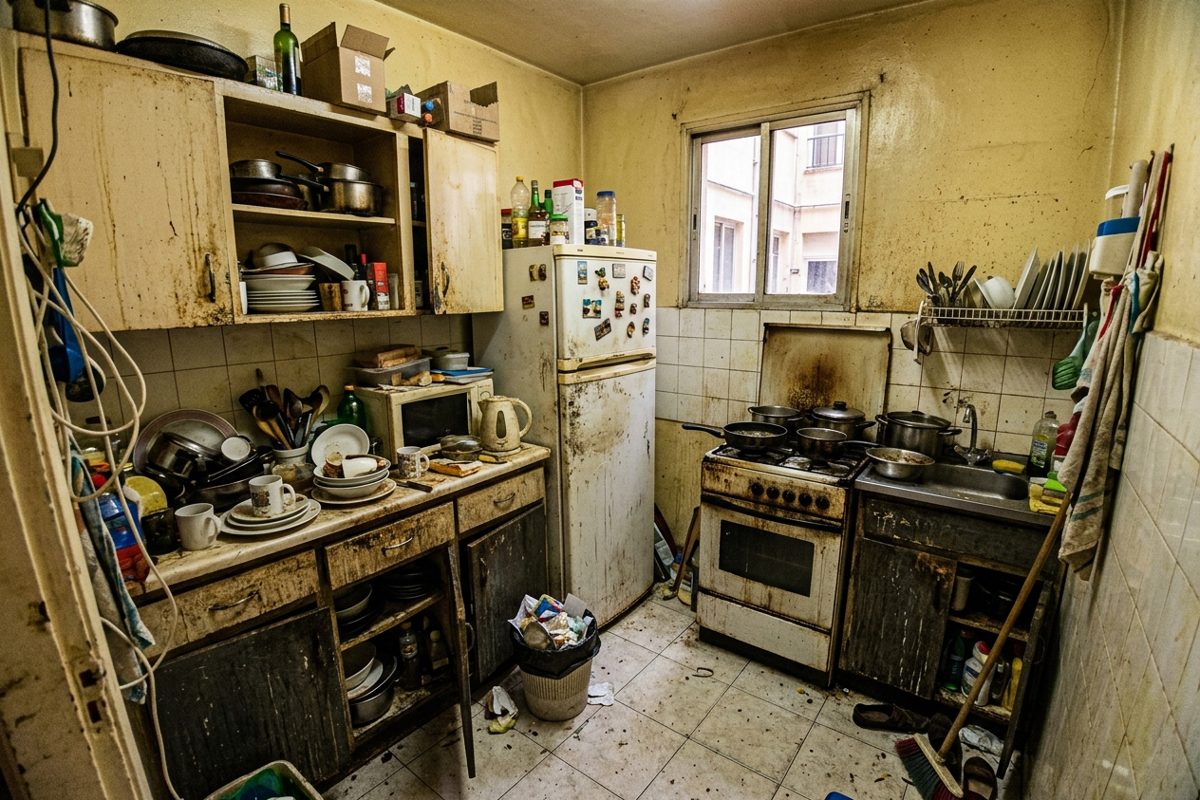 Cocina antes del vaciado Cocina con suciedad y restos acumulados antes de la desinfección