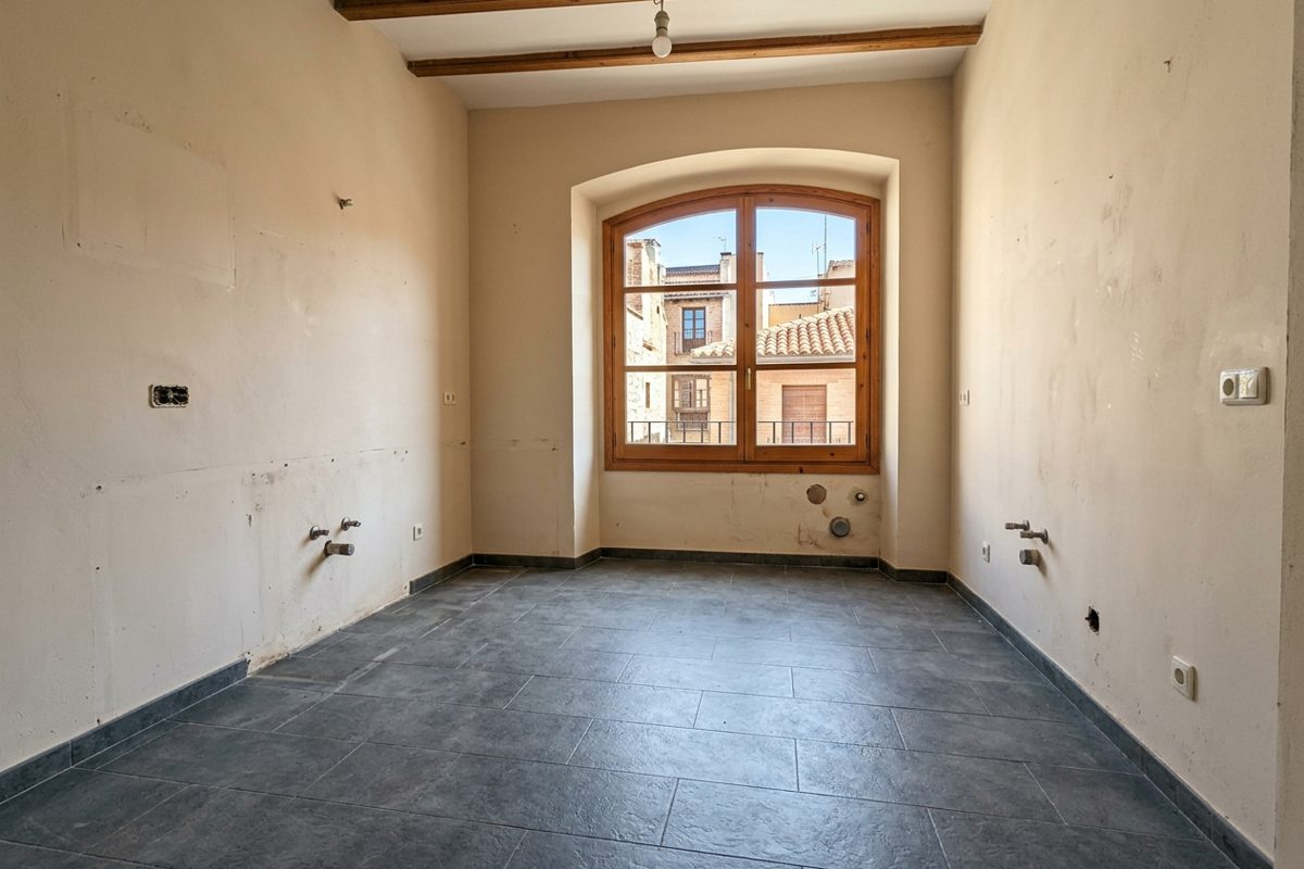 Cocina después del vaciado Cocina vacía con las tomas a la vista tras el vaciado de un bar en Carabanchel