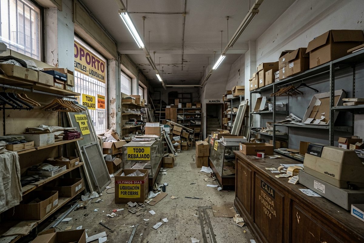 Local comercial antes del vaciado Local con estanterías y restos abandonados tras el desalojo
