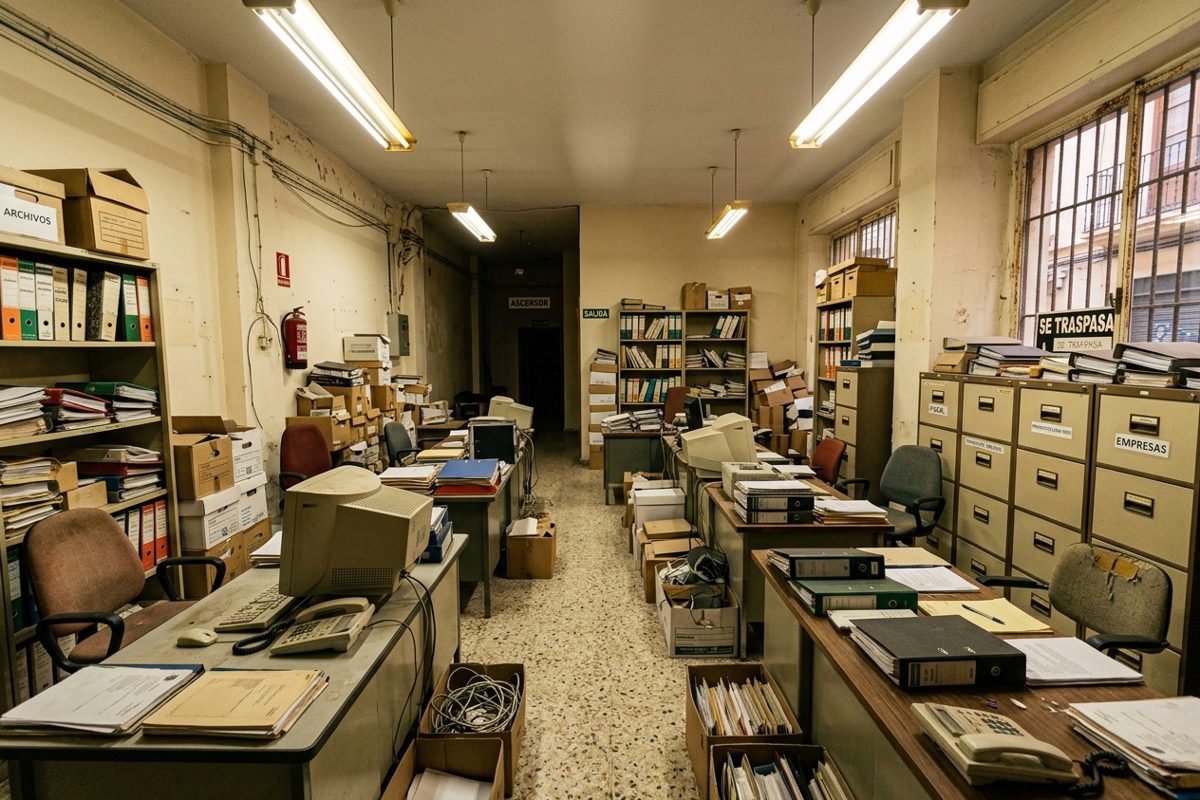 Oficina antes del vaciado Archivadores y carpetas de una oficina antes de la destrucción confidencial del archivo