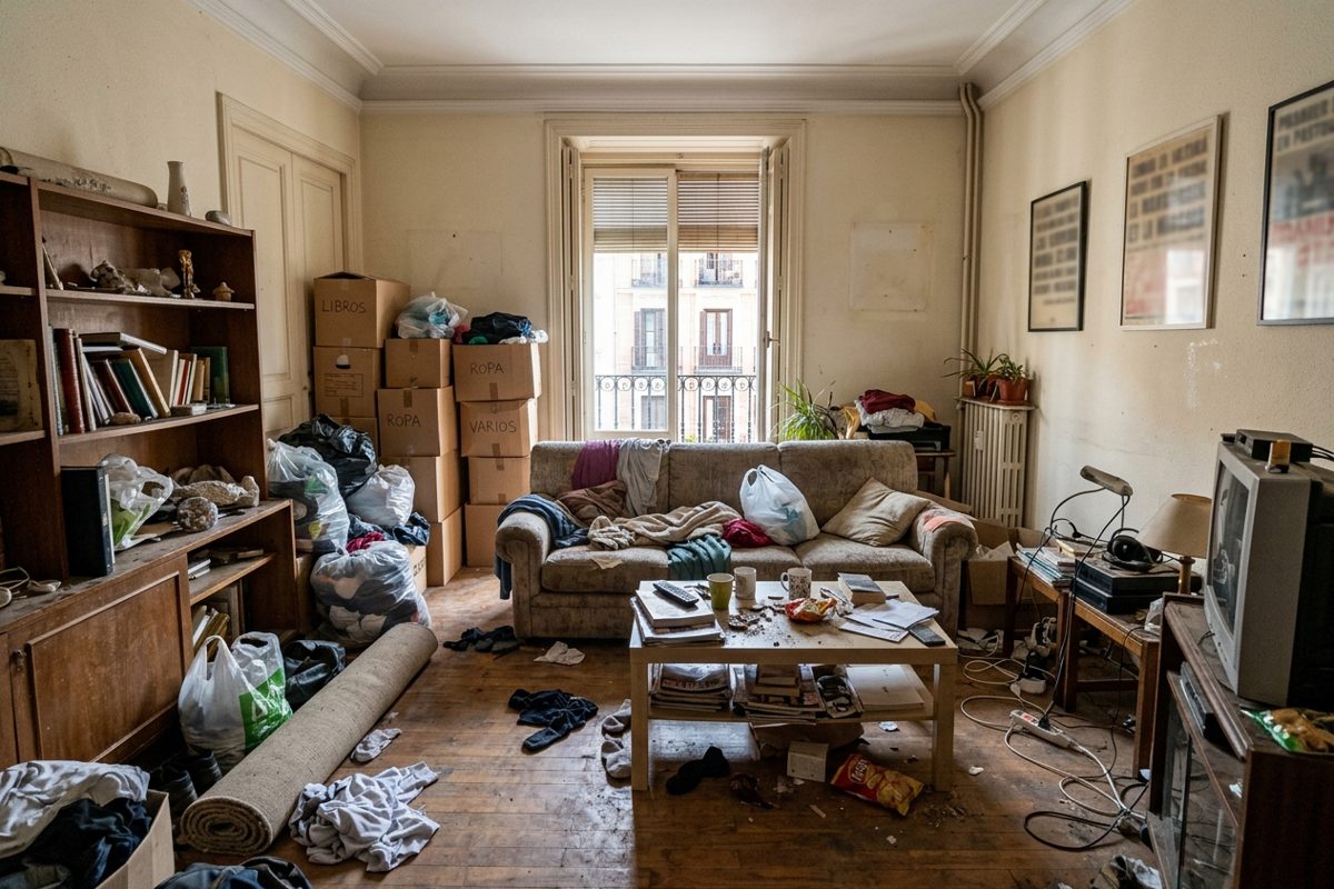 Salón antes del vaciado Salón con enseres y basura acumulada: vaciado por síndrome de Diógenes en Madrid