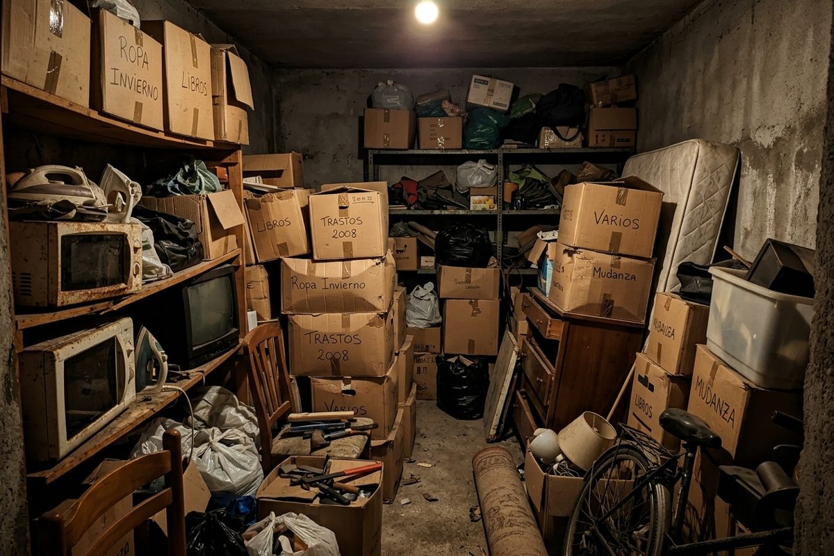 Trastero antes del vaciado Trastero lleno de cajas y aparatos acumulados durante 20 años antes del vaciado en Carabanchel