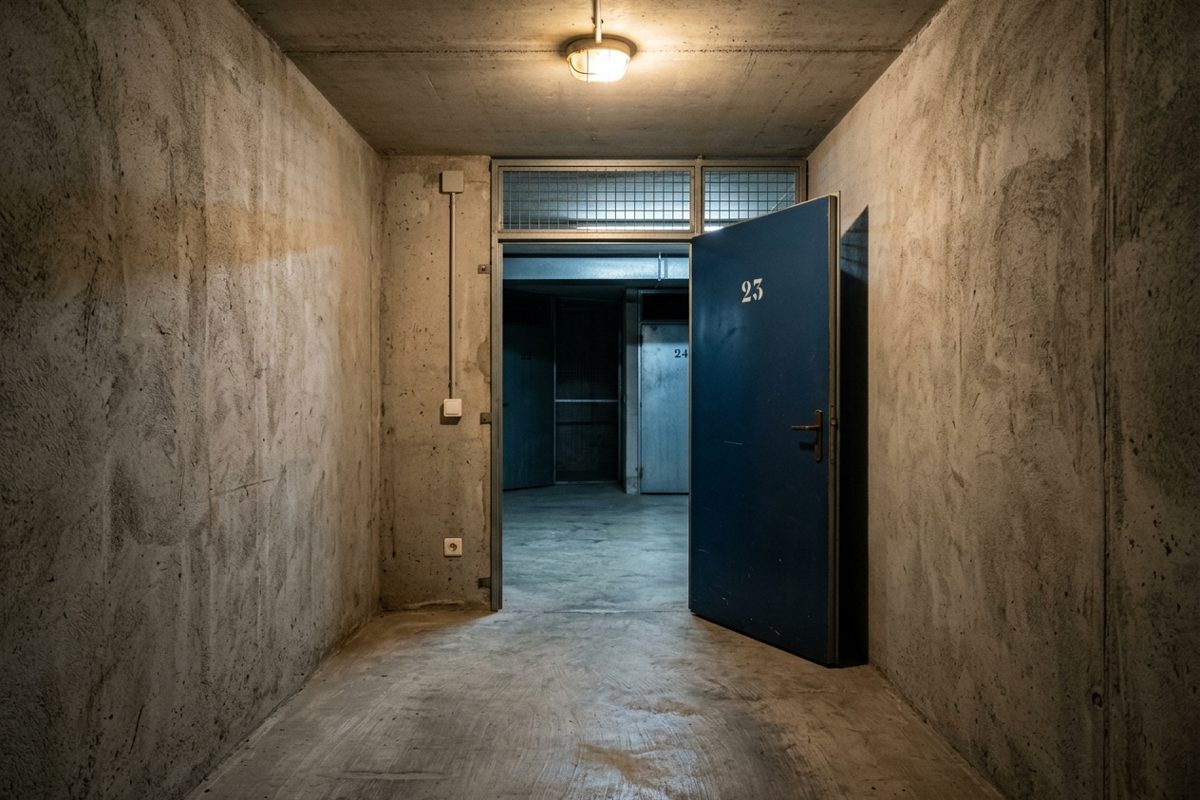 Trastero numerado con la puerta abierta en el sótano de una comunidad